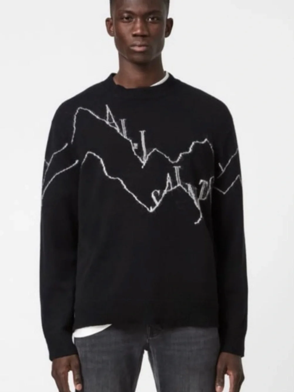 Men's Black Crewneck Sweater with White Mountain Stitch Detail